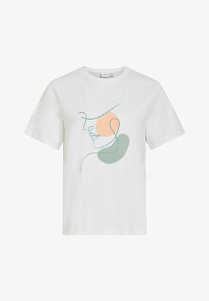 Balti trumparankoviai marškinėliai su minimalistine abstrakčia veido linijine grafika ir dviem spalvotais vaisių ir žalia spalvomis priekyje.