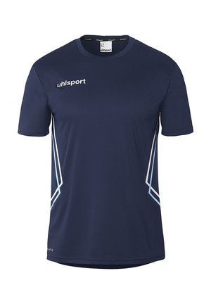 Marineblaues Sportshirt mit kurzen Ärmeln und Rundhalsausschnitt, weißes "uhlsport"-Logo auf der Brust sowie schräge hellblaue und weiße Seitenstreifen.