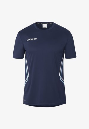 Marineblaues Sportshirt mit kurzen Ärmeln und Rundhalsausschnitt, weißes "uhlsport"-Logo auf der Brust sowie schräge hellblaue und weiße Seitenstreifen.
