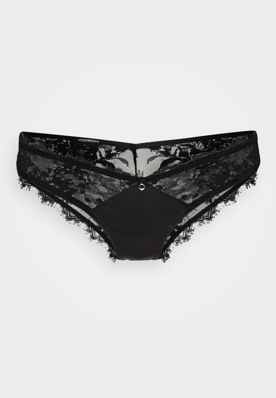Čierne čipkované nohavičky s priesvitným čipkovým pásom, vlnitými okrajmi a hladkým stredovým panelom so zdobným akcentom vpredu.