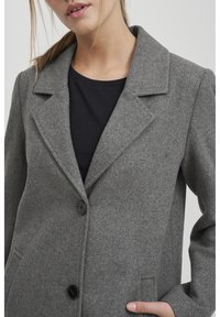 Cappotto grigio in misto lana con colletto a revers, chiusura con un solo bottone e tasche laterali. Il tessuto ha una finitura morbida e strutturata.