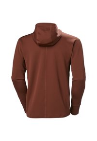 Sudadera marrón con tejido texturizado, capucha y mangas largas. Presenta un diseño de espalda sin costuras y detalles cosidos, adecuada para ropa deportiva.