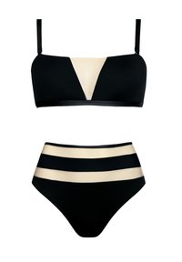 Czarny zestaw bikini z braletką z beżowym trójkątnym panelem oraz wysokim stanem majtek z poziomymi beżowymi paskami. Gładka tekstura.