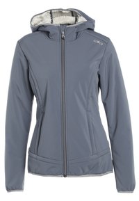 Veste grise avec fermeture éclair, capuche, doublure en polaire et poches latérales. Comprend des poignets élastiques et une texture extérieure lisse.