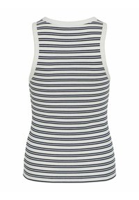 Stripet tanktopp i hvit og marineblå, laget av ribbet materiale, med rund hals og uten ermer, med en tettsittende silhuett.
