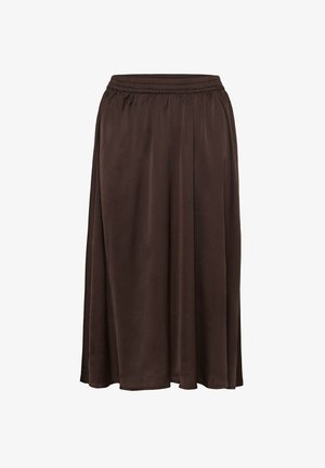 Jupe marron, mi-longue, en tissu lisse avec une taille élastique et un design plissé, créant une silhouette fluide.