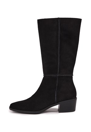 Black mid-calf suede boot with a slightly squared toe, visible vertical seams, and a low block heel.
