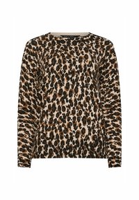 Maglione a fantasia leopardata con scollo a girocollo, maniche lunghe e polsini a coste, in tonalità di marrone e beige su uno sfondo chiaro.