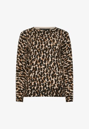 Luipaardprint trui met een ronde hals, lange mouwen en geribbelde manchetten, in bruin- en beigetinten op een lichte achtergrond.