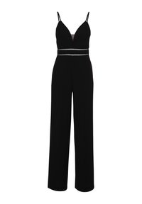 Zwart jumpsuit met een diepe V-hals, dunne verstelbare banden en een fitting taille met een zilveren accent. Wijd-uitlopende pijpen ontwerp met een gladde textuur.