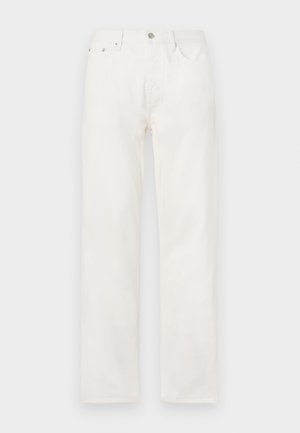 Jeans din denim alb cu croială dreaptă, închidere cu nasture și fermoar, design cu cinci buzunare și fără modele sau accente vizibile.