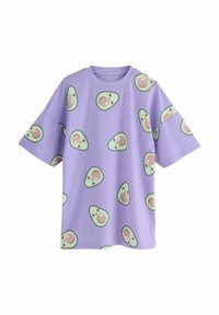 T-shirt viola a maniche corte con un giocoso motivo di avocado in varie posizioni, realizzato in un tessuto leggero e morbido.