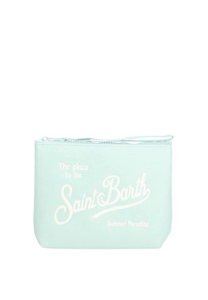 Bustina azzurra chiaro con cerniera e scritta bianca "The place to be Saint Barth Summer Paradise" sul davanti.