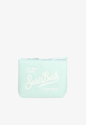 Bustina azzurra chiaro con cerniera e scritta bianca "The place to be Saint Barth Summer Paradise" sul davanti.