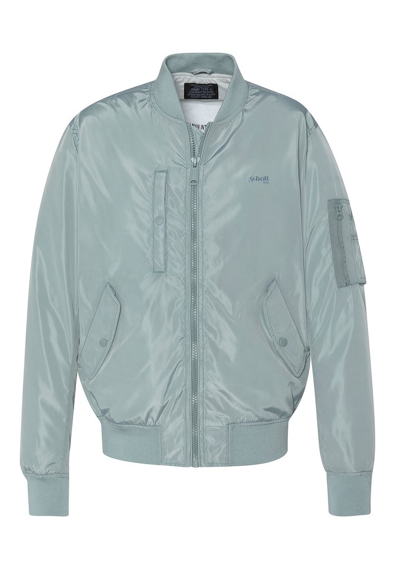 Giacca bomber blu chiaro realizzata in tessuto lucido, con zip frontale, polsini e orlo a costine, tasca a toppa sulla manica e tasche laterali.