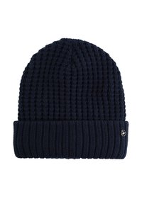 Mornarji pleteni klobuk z ribasto teksturo, prepognjenim robom in majhnim logotipom na strani. Trpežna tkanina za toploto in udobje.