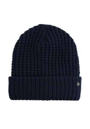 Berretto lavorato a maglia blu navy con texture a coste, risvolto e piccolo logo laterale. Tessuto resistente per calore e comfort.