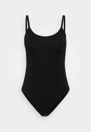 Zwarte eenstukswimwear met dunne verstelbare banden, een ronde hals en drukknoopsluiting aan de onderkant. Glad, rekbaar materiaal.