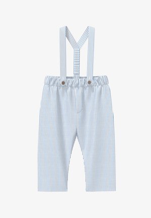 Dziecięce spodnie w paski niebiesko-białe z regulowanymi szelkami, elastycznym paskiem w talii oraz gładką bawełnianą teksturą.