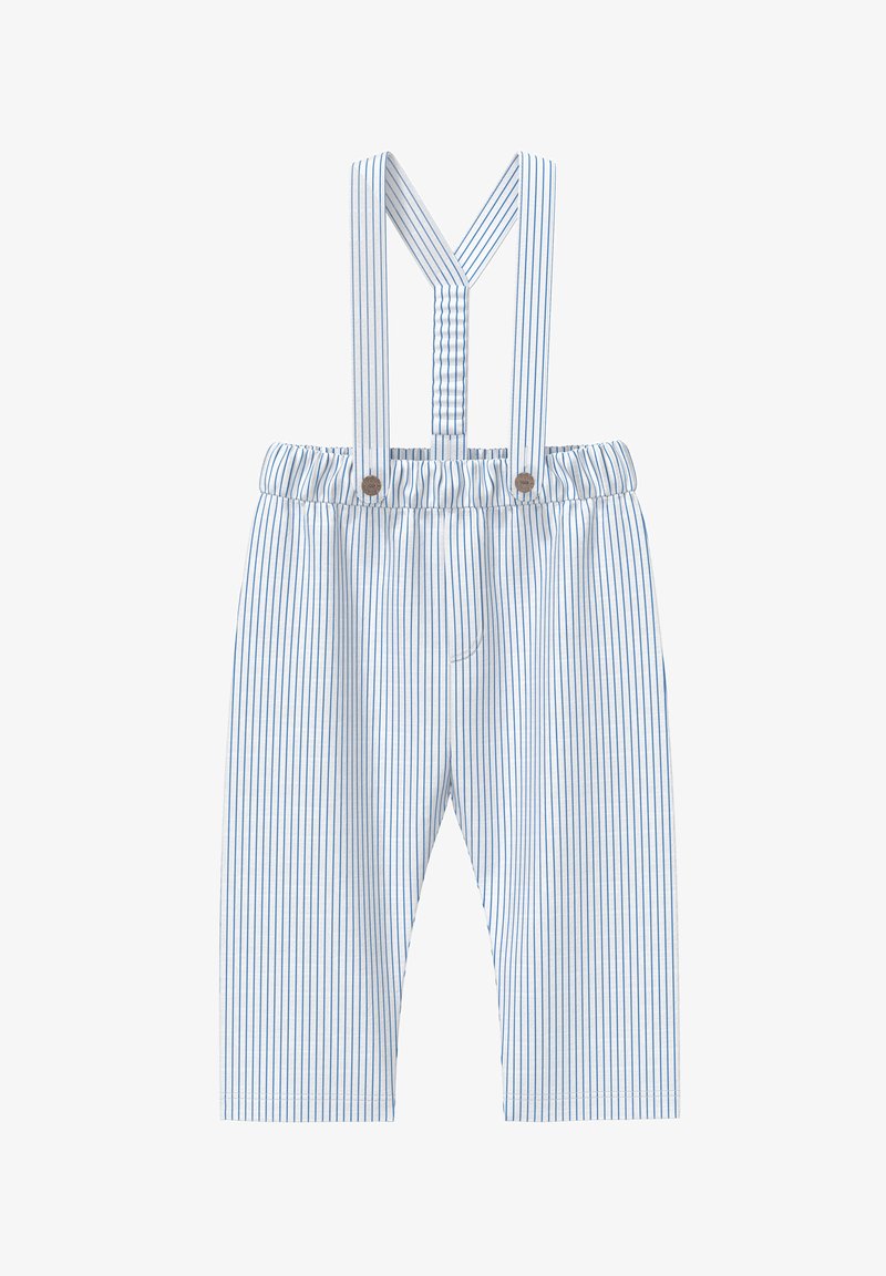 Dziecięce spodnie w paski niebiesko-białe z regulowanymi szelkami, elastycznym paskiem w talii oraz gładką bawełnianą teksturą.