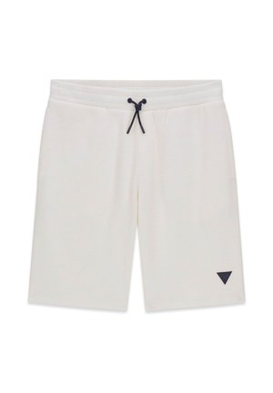 Shorts blancs texturés avec taille élastique et cordon noir, présentant un petit logo triangulaire noir sur l'ourlet gauche.