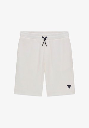 Shorts blancs texturés avec taille élastique et cordon noir, présentant un petit logo triangulaire noir sur l'ourlet gauche.