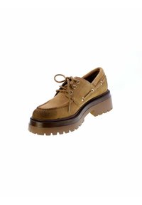 Scarpe stringate in suede marrone con una suola spessa e chunky e occhielli in metallo. Presentano un design classico con un tacco leggermente rialzato.