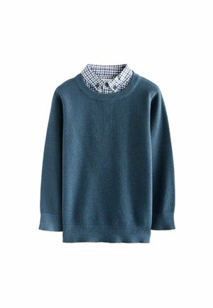 Pull en maille bleu porté par-dessus une chemise à carreaux bleue et blanche avec un col visible au-dessus de l'encolure du pull.