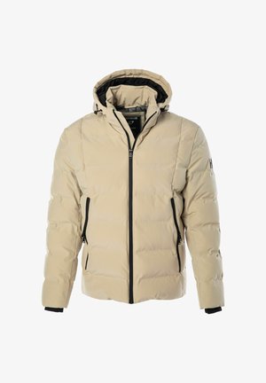 Beige pufferjakke med hætte, der har en lynlåslukning foran, sorte detaljer og to sidelommer. Stoffet har en quiltet tekstur.