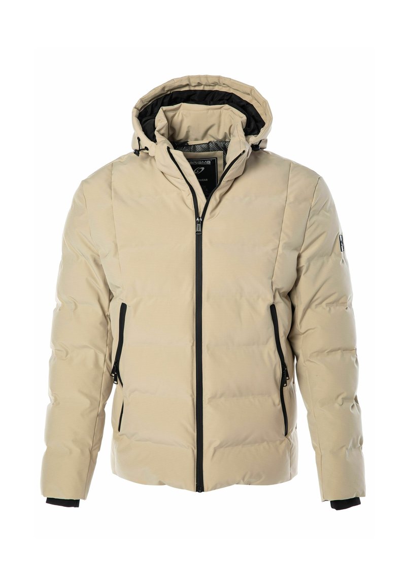 Giacca puffer beige con cappuccio, dotata di una chiusura frontale con zip, dettagli neri e due tasche laterali. Il tessuto ha una texture trapuntata.