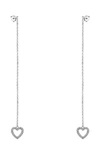 Silver kedjohängen med hjärtformdesign, med en rhinestone-kontur. Kedjorna är långa och släta, med en minimalistisk estetik.