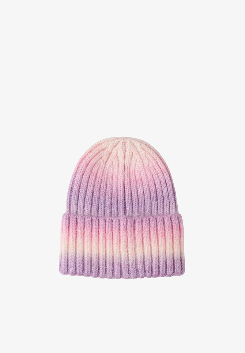 Bonnet côtelé tricoté avec revers replié, avec un motif dégradé dans les couleurs pastel violet, rose et blanc.