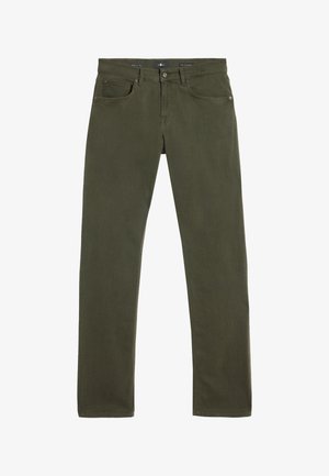 Olijfgroene denim jeans met een rechte pasvorm, vijf zakken en knoopsluiting. Soepele textuur met subtiele stikseldetails.