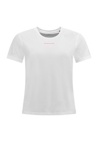 Bílá krátkosrstá tričko vyrobené z lehké tkaniny. Má kulatý výstřih a malé růžové logo "ROSSIGNOL" na hrudi.