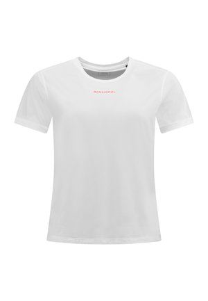 Weißes T-Shirt mit kurzen Ärmeln aus leichtem Material. Hat einen runden Ausschnitt und ein kleines pinkes "ROSSIGNOL"-Logo auf der Brust.