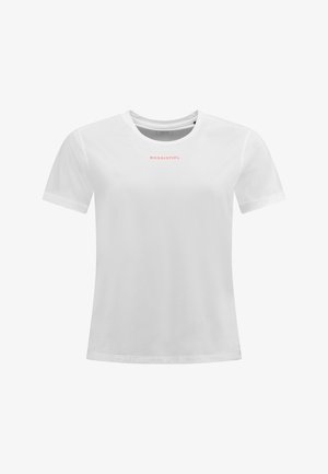 Camiseta blanca de manga corta hecha de un tejido ligero. Presenta un escote redondo y un pequeño logo rosa de "ROSSIGNOL" en el pecho.