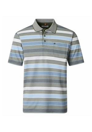 Kurzärmeliges Poloshirt mit horizontalen Streifen in Blau, Grau und Weiß, Knopfleiste, Brusttasche und grauem Kragen.
