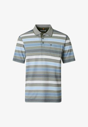 Kurzärmeliges Poloshirt mit horizontalen Streifen in Blau, Grau und Weiß, Knopfleiste, Brusttasche und grauem Kragen.