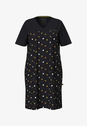 Schwarzes kurzes Kleid mit kurzen Ärmeln und V-Ausschnitt, verziert mit einem floralen Muster in Weiß, Braun und Olivgrün sowie dem Wort "HONEY" in Gold auf der Brust.