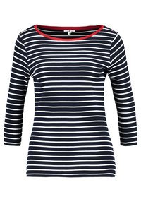 Navy and white striped long-sleeve shirt with a round neckline, featuring a red accent on the collar, made of soft fabric.
