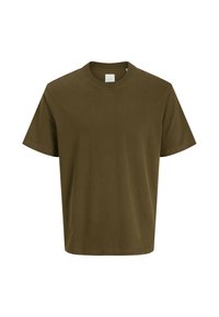T-shirt en coton vert olive avec un col rond, des manches courtes et une coupe décontractée. Présente un logo discret à l'avant.