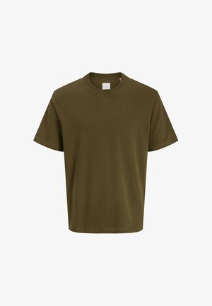 T-shirt en coton vert olive avec un col rond, des manches courtes et une coupe décontractée. Présente un logo discret à l'avant.