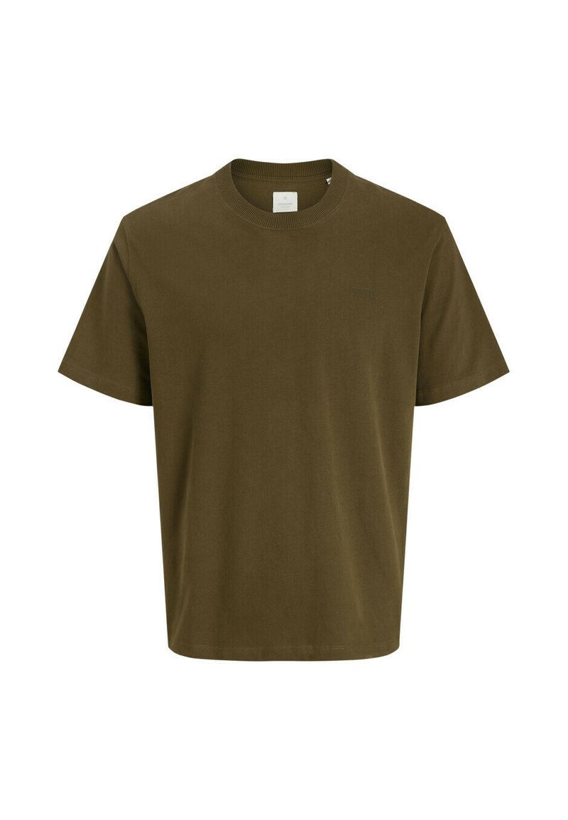 T-shirt en coton vert olive avec un col rond, des manches courtes et une coupe décontractée. Présente un logo discret à l'avant.