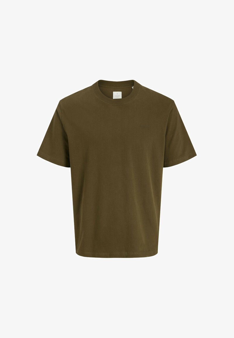 T-shirt en coton vert olive avec un col rond, des manches courtes et une coupe décontractée. Présente un logo discret à l'avant.