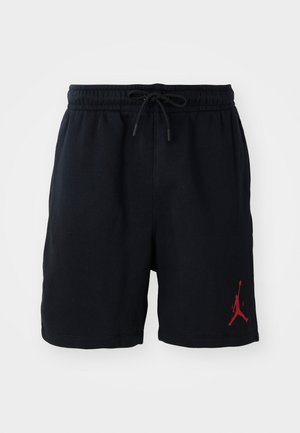 Svarta shorts i mjukt material, med resårmidja och snörning, samt en röd Jumpman-logotyp på nedre vänstra benet.
