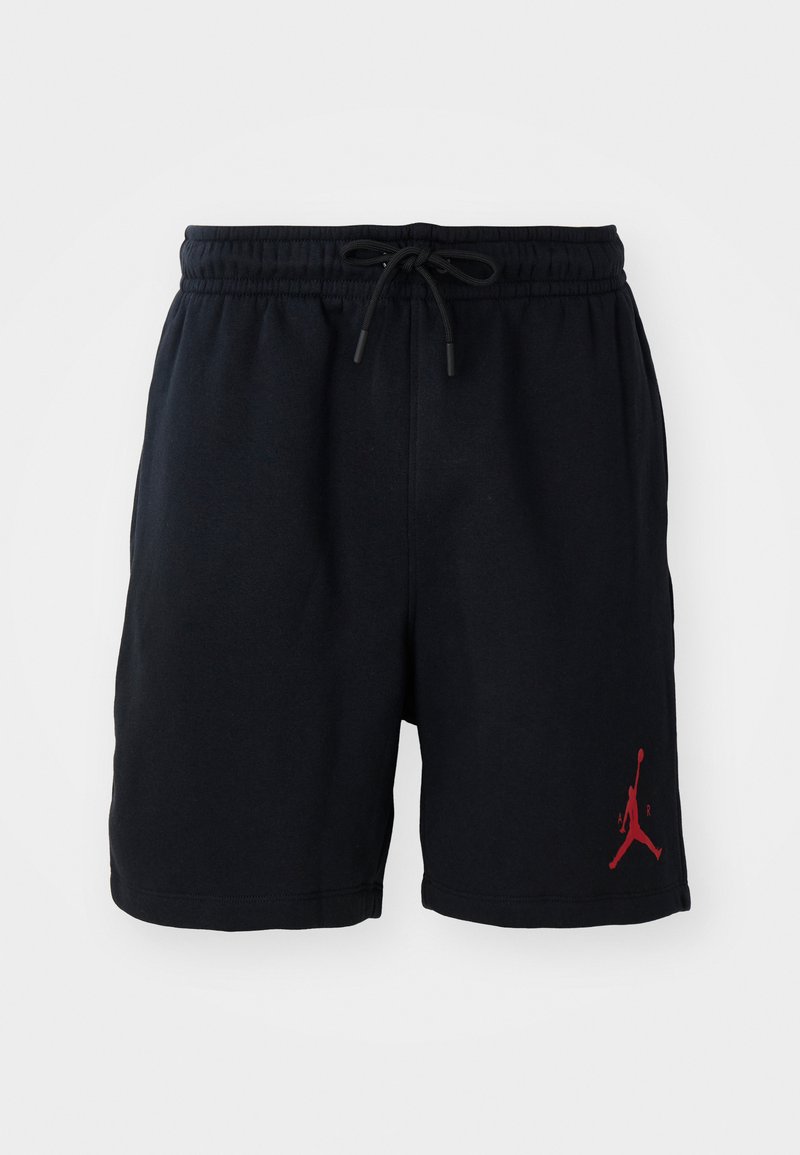 Czarne szorty z miękkiego materiału, z elastycznym pasem w talii i sznurkiem do regulacji, z czerwonym logo Jumpman na dolnej lewej nodze.