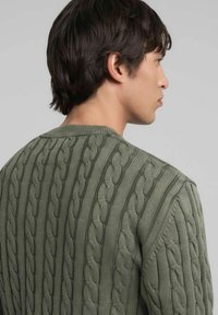 Maglione verde oliva a maglia intrecciata con motivi testurizzati e in rilievo; presenta una scollatura rotonda e polsini a coste, visto da dietro.