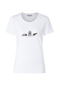 Weißes Baumwoll-T-Shirt mit rundem Halsausschnitt und kurzen Ärmeln. Zentrale Grafik zeigt einen Lippenstift, eine Parfümflasche und einen Make-up-Pinsel.