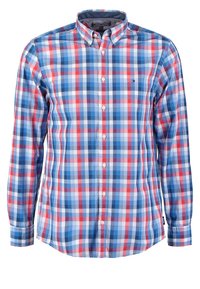 Chemise boutonnée à manches longues avec motif à carreaux rouge, bleu et blanc et petit logo sur la poitrine.