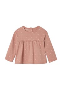 Langärmliges, blassrosa Oberteil aus Baumwolle mit weißen Herzmustern, runden Ausschnitt und gerafftem Taillendesign mit Knopfverschluss.